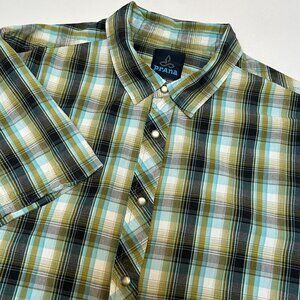 PrAna Shirt Mens Large Pearl Snap Plaid Blue Green Organic Cotton Western Work